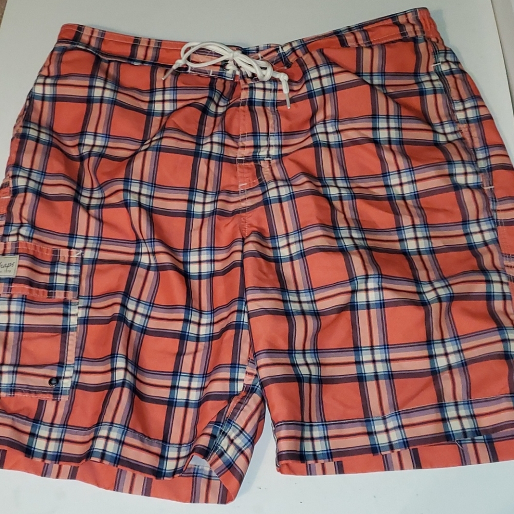 Chap's men's L pink/coral and blue plaid swim trunks